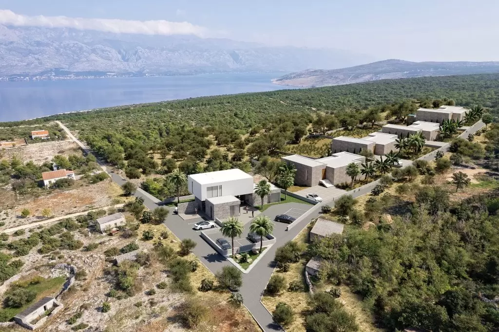 Visoka kvalitetna 3D vizualizacija budućih kuća na mirnoj lokaciji kraj jezera.