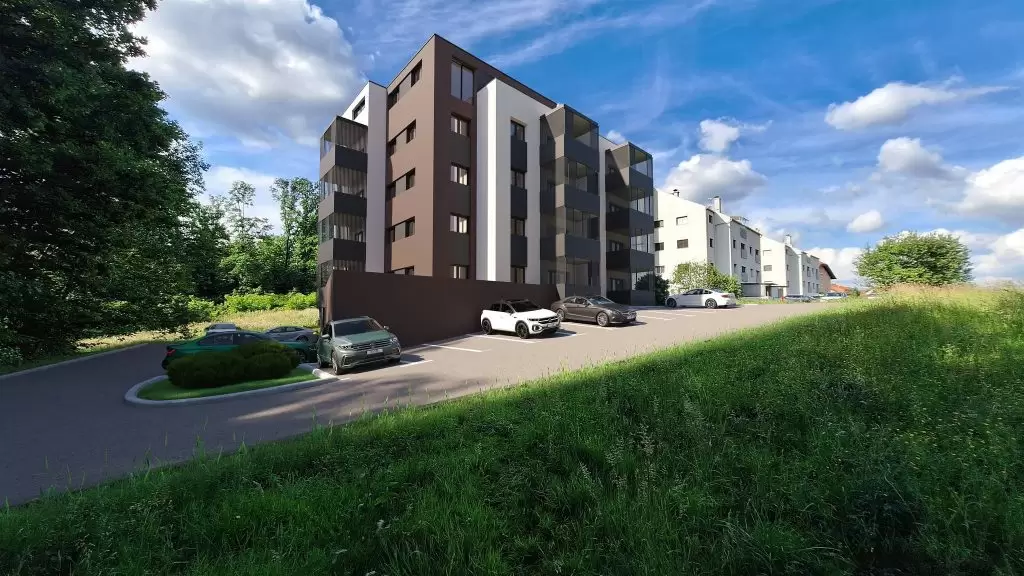 Moderna stambena zgrada s parkiralištem u prirodnom okruženju, 3D vizualizacija.