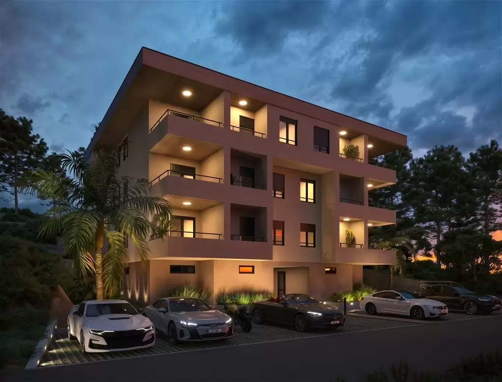 3D vizualizacija zgrade – moderna arhitektura u noćnom ambijentu