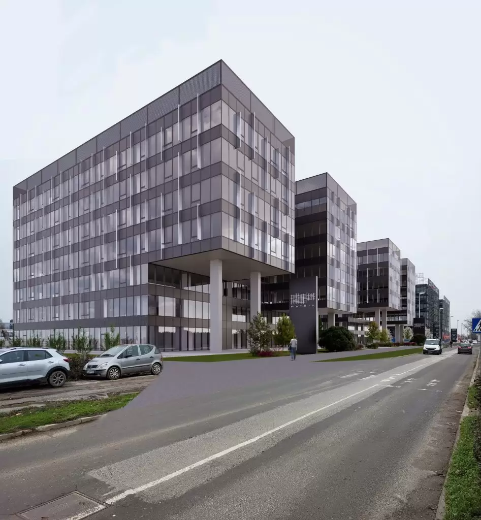 3D vizualizacija zgrade Matrix u Zagrebu izrađena od Axis Project – moderan poslovni kompleks s detaljima fasade i okoliša