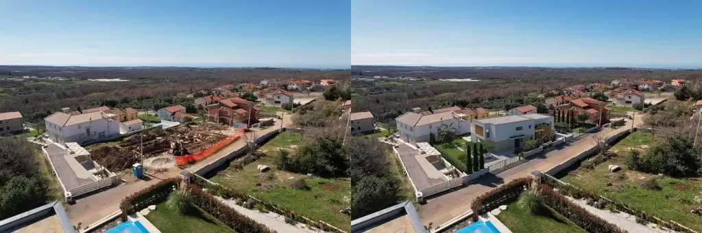 Moderni 3D vizualizacija obiteljske kuće u izgradnji s detaljnim prikazom budućeg dizajna.
