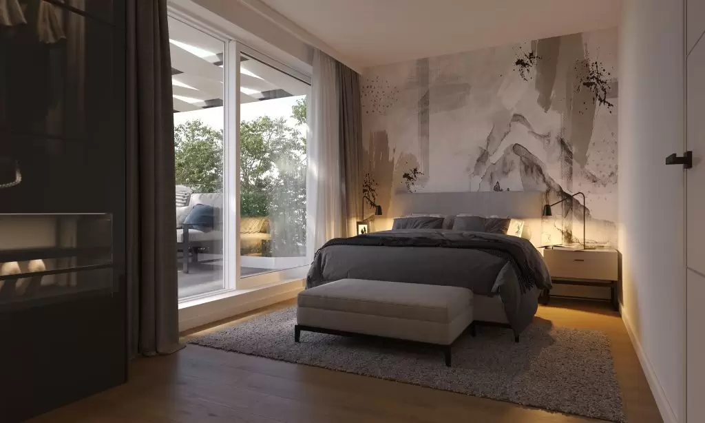Elegantna spavaća soba s velikim prozorima i modernim dizajnom.