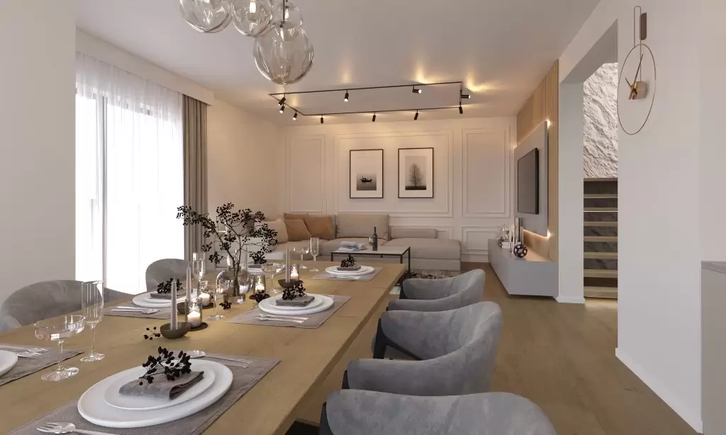 Elegantni 3D vizualizacija modernog dnevnog boravka i blagovaonice s minimalističkim dizajnom.