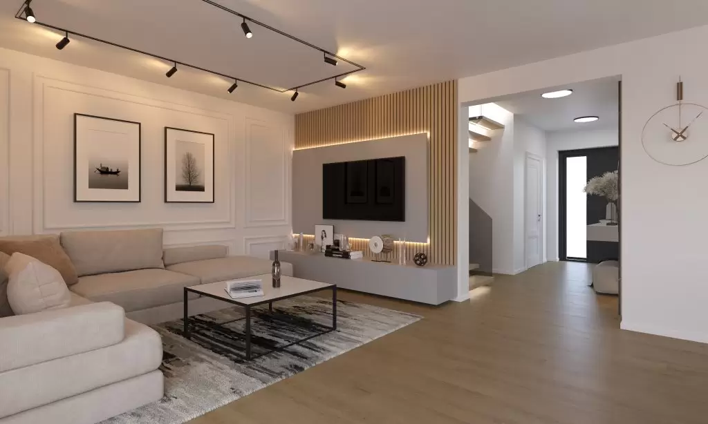 Elegantni interijer dnevnog boravka s modernom 3D vizualizacijom i dizajnom prostora.