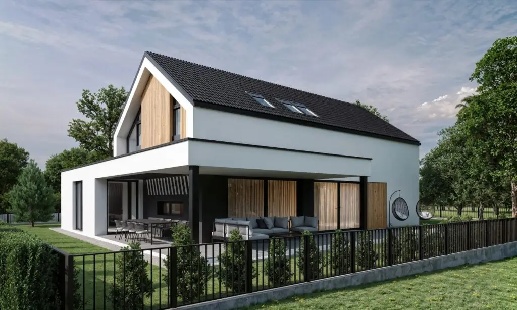 3D vizualizacija moderne kuće s vrtom i terasom, optimizirano za arhitektonske projekte.