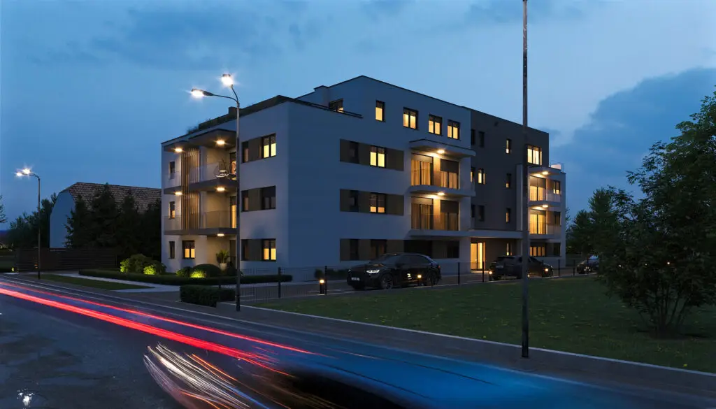 Moderna luksuzna vila s bazenom, vanjskim lounge prostorom i vatrom, večernja atmosfera s ambijentalnom rasvjetom