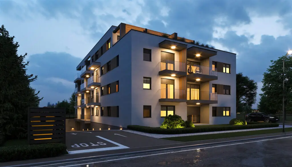 3D vizualizacija moderne stambene zgrade s osvijetljenim balkonima u večernjim satima.