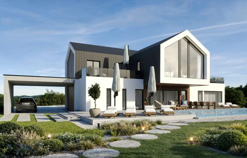 Moderna luksuzna vila s bazenom, vanjskim lounge prostorom i vatrom, večernja atmosfera s ambijentalnom rasvjetom