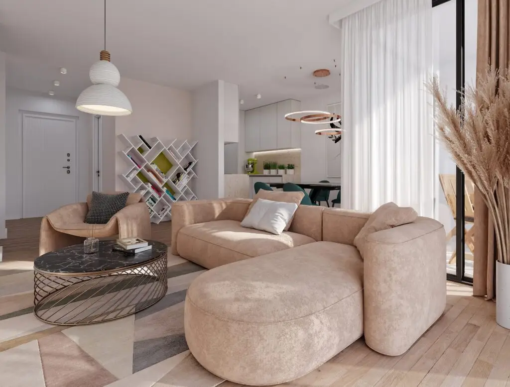 Umetnički interijer dnevnog boravka s modernim namještajem i prirodnim svjetlom.