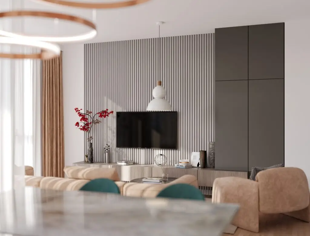 Umetnički dizajn dnevnog boravka s modernim namještajem i dekoracijama.