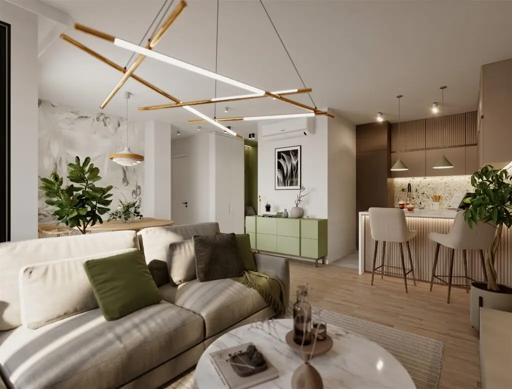Visokokvalitetna 3D vizualizacija modernog dnevnog boravka i kuhinje s elegantnim dizajnom i vrhunsk.
