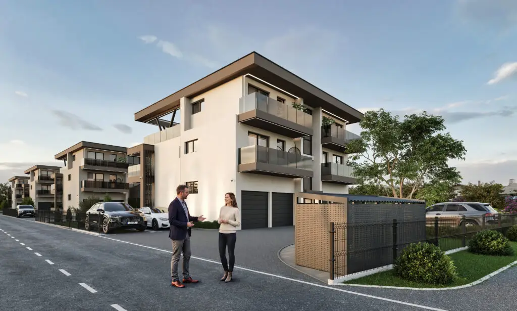 3D vizualizacija moderne stambene zgrade sa staklenim balkonskim ogradama, garažama, vanjskim parkiralištem s automobilima, dvoje ljudi koji razgovaraju na asfaltu, drvetom i zelenilom.