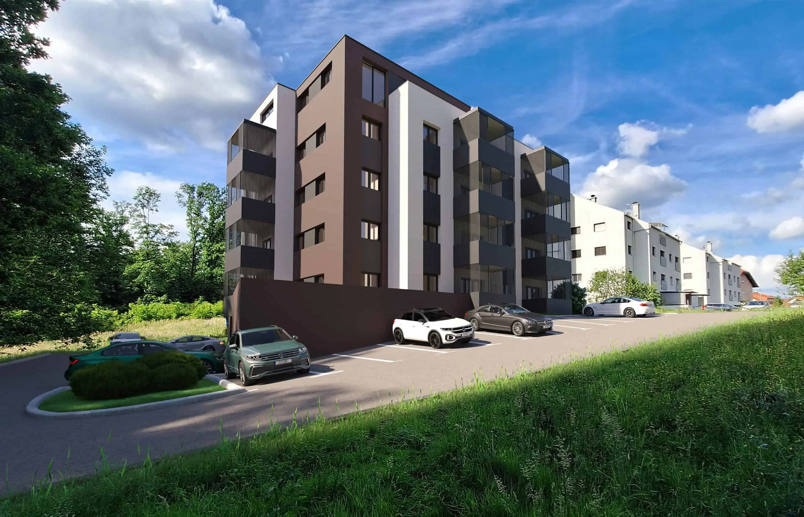 3D vizualizacija moderne stambene zgrade s balkonom i parkiralištem.