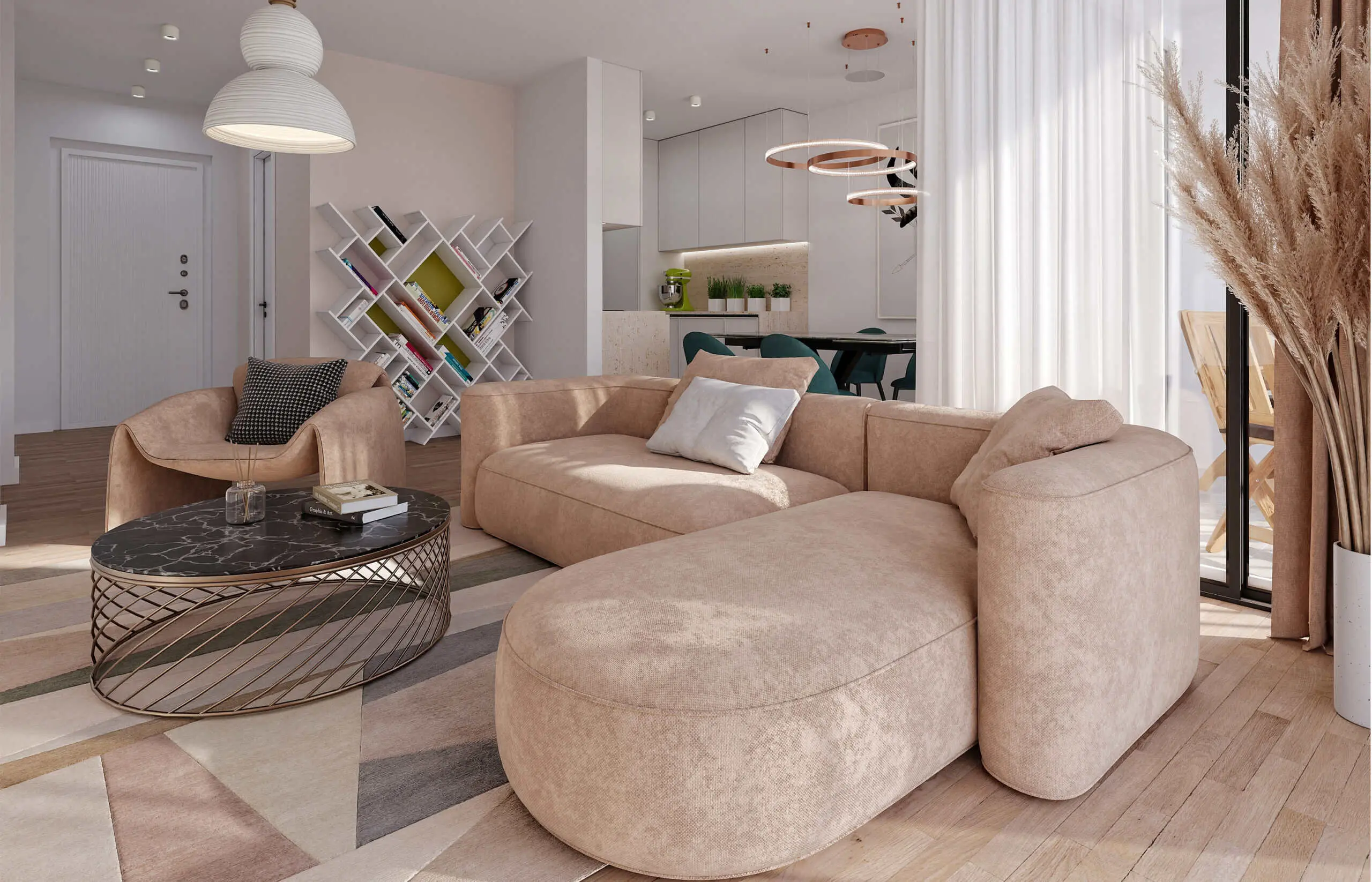 Dnevni boravak s udobnim sofaima, modernim ukrasima i prirodnim svjetlom.