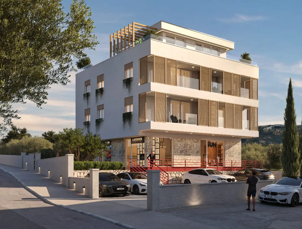 3D vizualizacija modernog stambenog objekta - dnevni render.